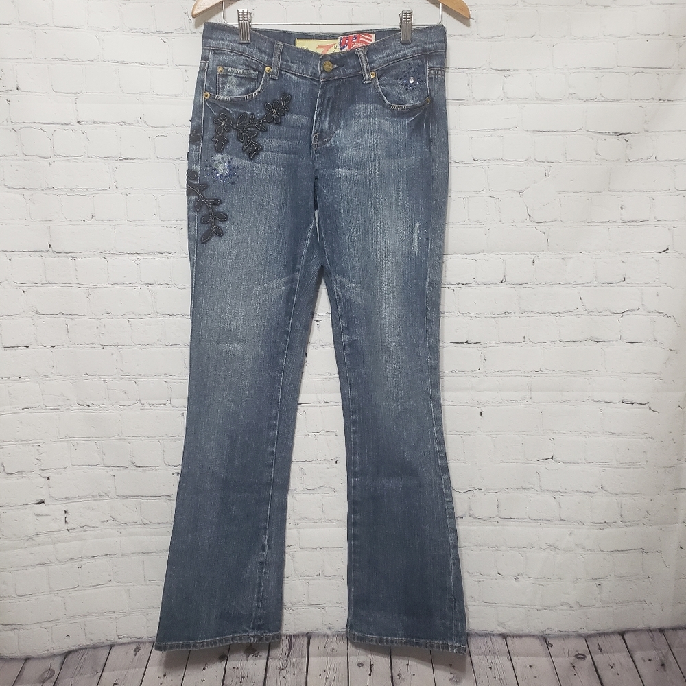 7FAM Sz 28 Floral & Rhinestone Embellished Jeans - Picture 1 of 16